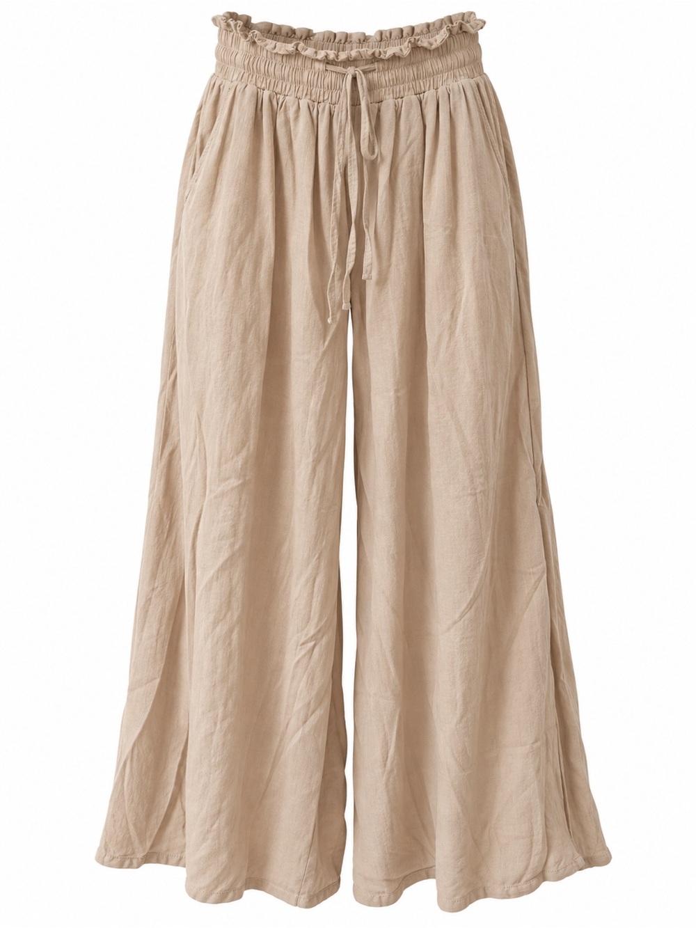 Smocked-Ruffle Wide Leg Pants in Light Beige